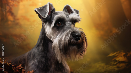 Portrait of a Miniature Schnauzer posing in front of a bright yellow forest background.