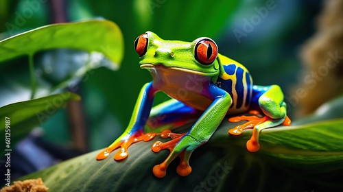 Colorful of red eye tree frog on the branches leaves of tree  close up scene  animal wildlife concept  habitat of frog background.