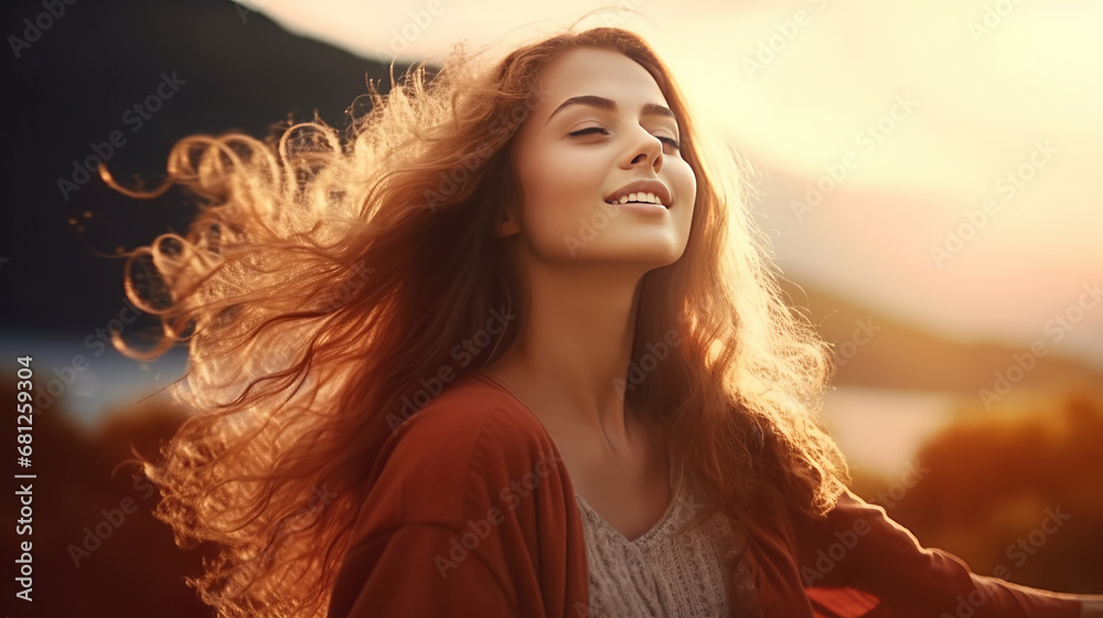 Young woman feeling the warmth of the sunlight.