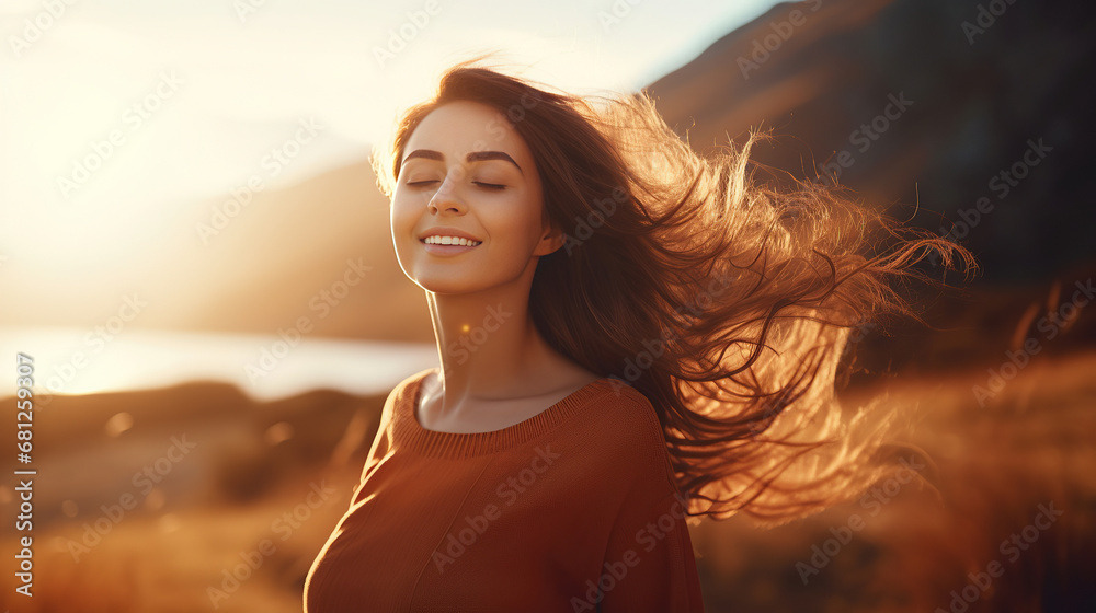 Young woman feeling the warmth of the sunlight. Young woman feeling the warmth of the sunlight.