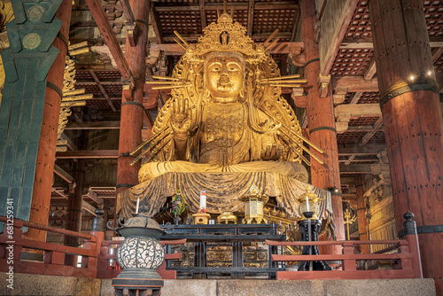 Giant Buddha statue in Nara, Japan.
Golden image of the Great Buddha at Todai Temple.
 photo
