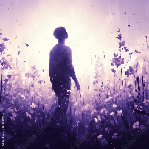 A boy surrounded by flowers meets the dawn.Vector image