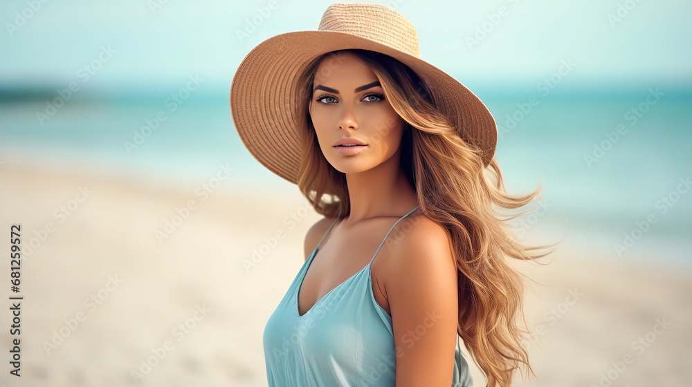 Beach portrait of Young beautiful woman in the pastel blue dress and brown hat on beach background.