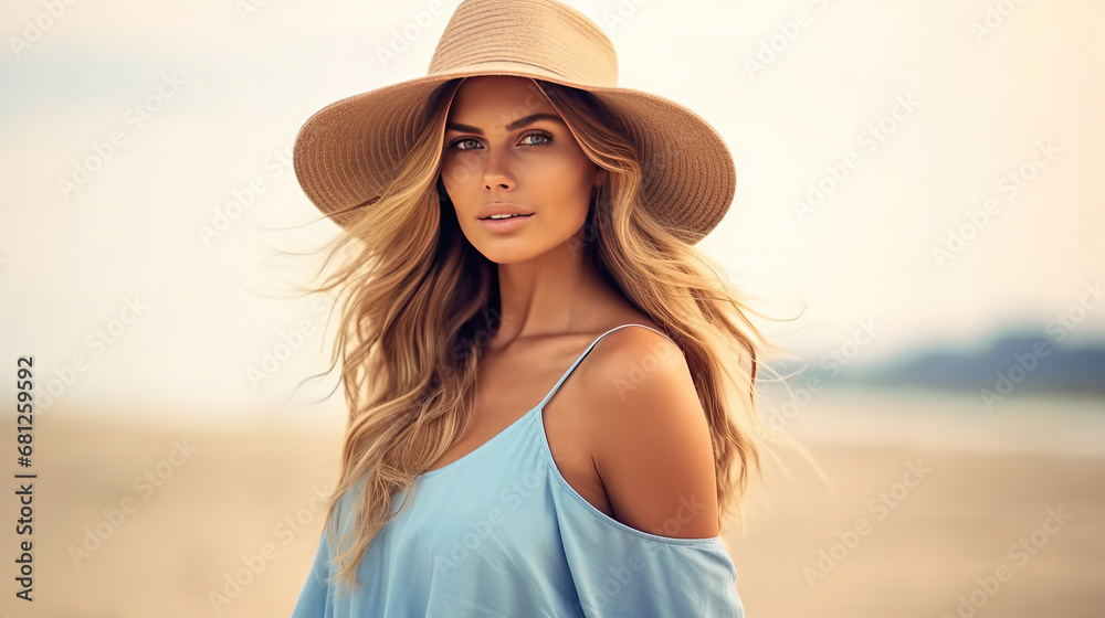 Beach portrait of Young beautiful woman in the pastel blue dress and brown hat on beach background.