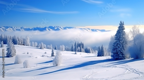Winter landscape on sunny day.