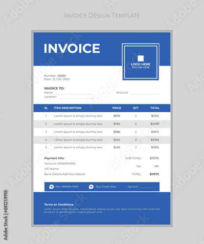 Minimal invoice form template vector design. photo