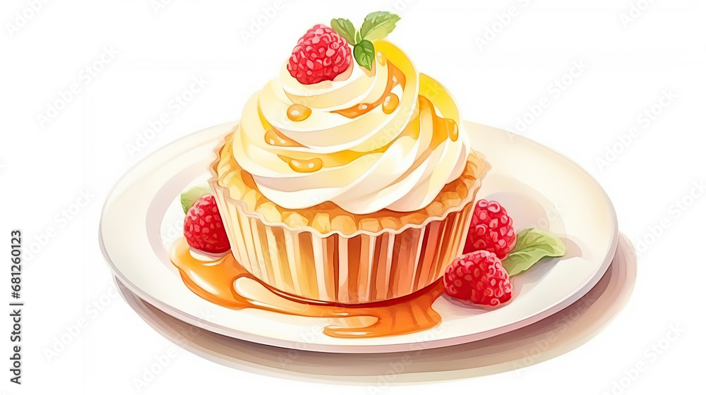Watercolor of delicious Cupcake dessert served on plate isolated on white background, Sweeties food decorated concept. Watercolor of delicious Cupcake dessert served on plate isolated on white background, Sweeties food decorated concept.