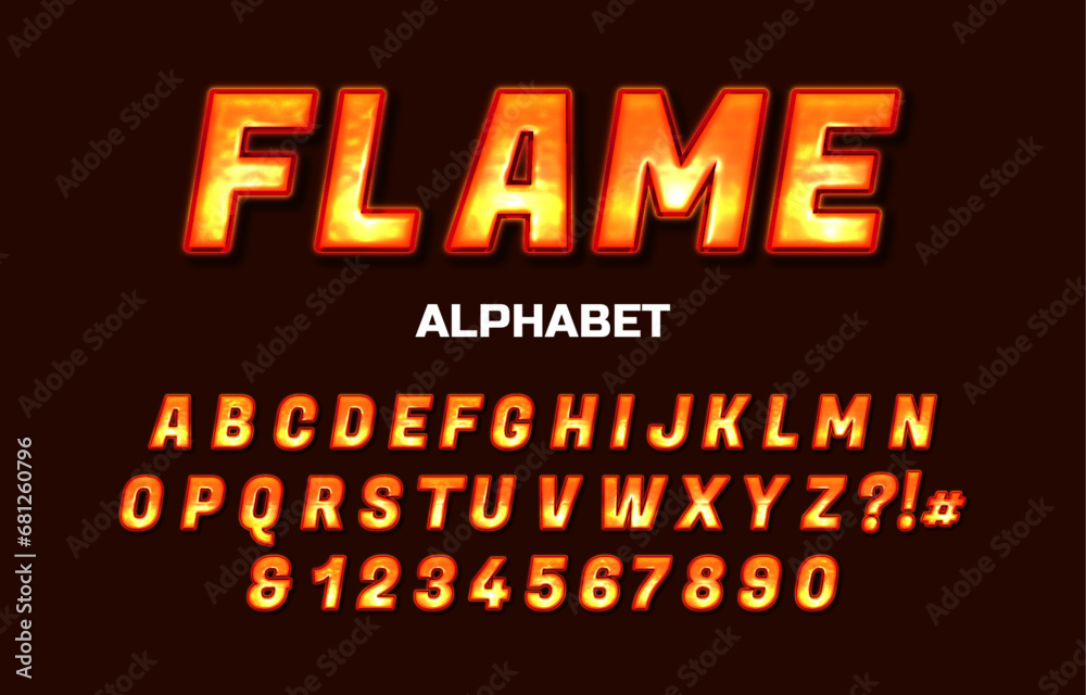 Flame font alphabet text effect template, orange neon glossy style typography, premium vector