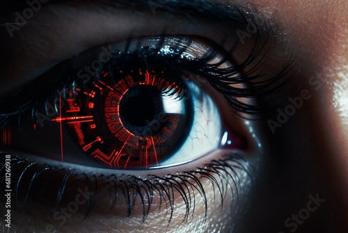 close-up of an eye with artificial intelligence in the retina. Future technologies for recognizing the environment through scanning with AI built into the eyes