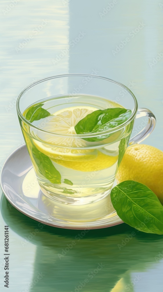 Refreshing Lemon Green Tea. In Oil Painting Style. Transparent cup of tea with slice of lemon and mint on light green background. Healthy drink rich in vitamin C. With Copy space. Vertical format. Refreshing Lemon Green Tea. In Oil Painting Style. Transparent cup of tea with slice of lemon and mint on light green background. Healthy drink rich in vitamin C. With Copy space. Vertical format.