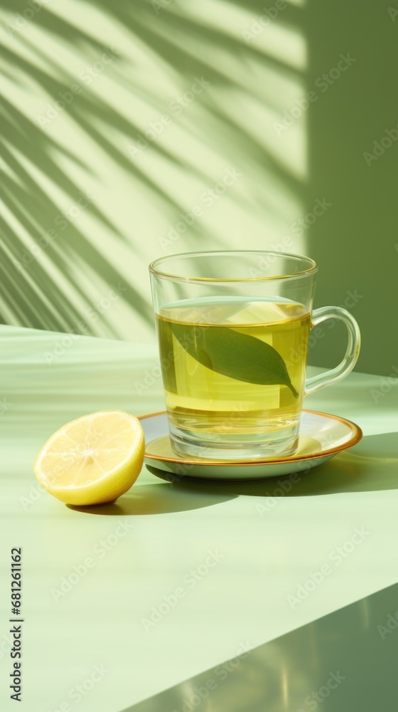 Refreshing Lemon Green Tea. Transparent cup of tea with slice of lemon and mint on light green background. Healthy drink with vitamin C. With Copy space. Vertical. For poster, advertising, food blog. Refreshing Lemon Green Tea. Transparent cup of tea with slice of lemon and mint on light green background. Healthy drink with vitamin C. With Copy space. Vertical. For poster, advertising, food blog.