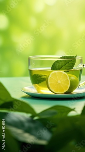 Refreshing Lemon Green Tea. Transparent cup of tea with mint and slice of lemon on light green background. Healthy drink rich in vitamin C. Vertical format. Copy space. For advertising, food blog.