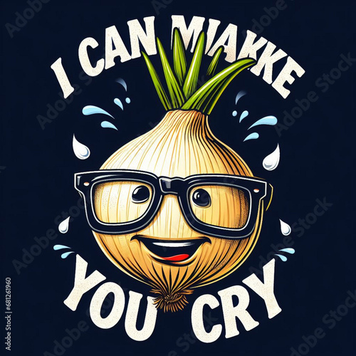 A realistic vetor art design of a smiley onion wearing cycle glasses saying, text  