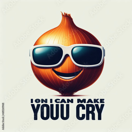 A realistic vetor art design of a smiley onion wearing cycle glasses saying, text  