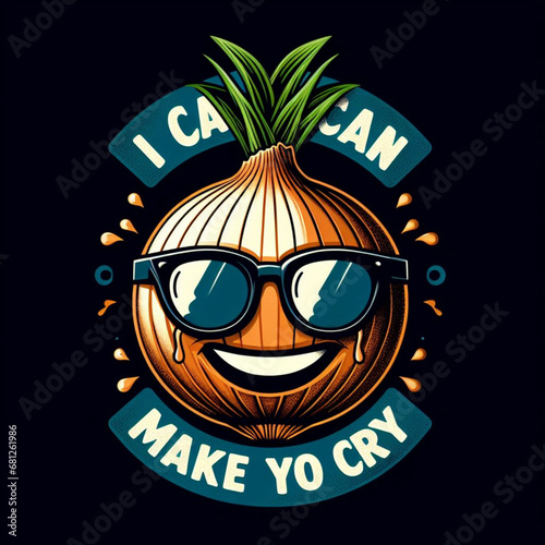 A realistic vetor art design of a smiley onion wearing cycle glasses saying, text  