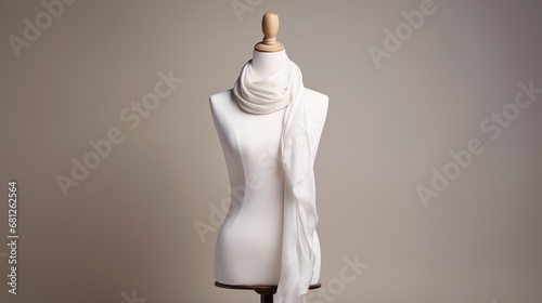 a white silk scarf on a white upper body mannequin.