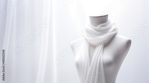 a white silk scarf on a white upper body mannequin.