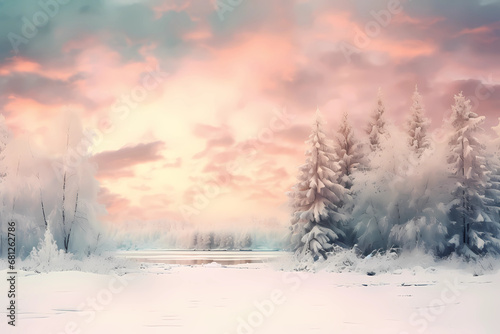 Winter landscape white snowy forest at sunrise © ginstudio