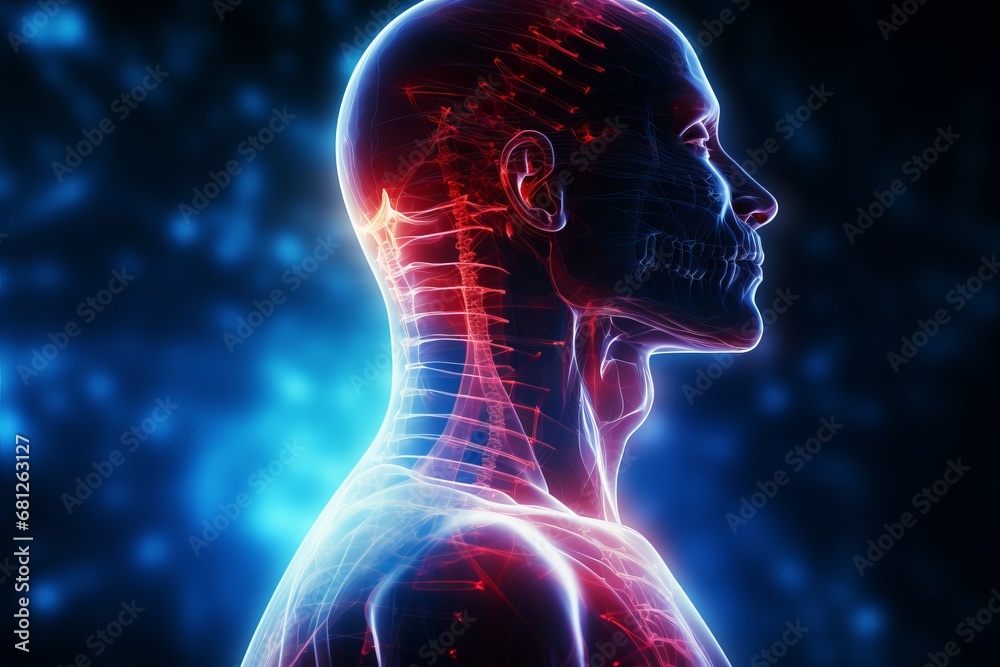 Man with headache - stroke. images of the structure of the neurosystem ...