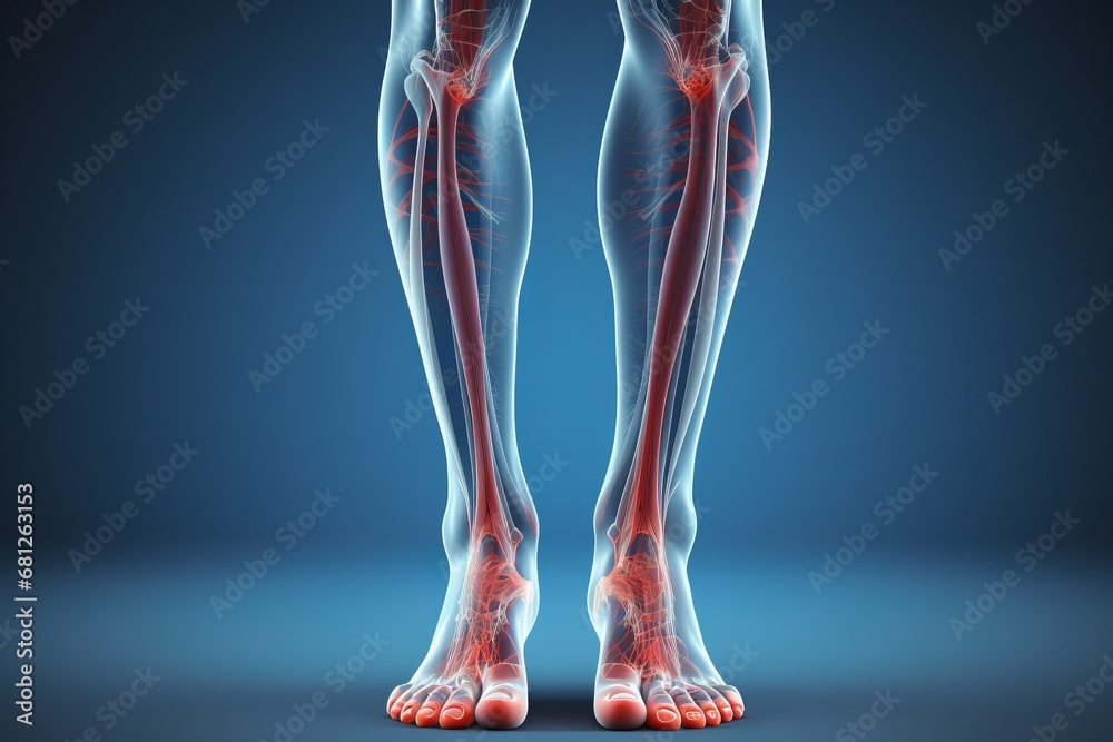 Human foot ankle and leg in x-ray, leg and foot pain, human skeleton, bone, joint scan, 3D rendering of medical screen, human anatomy, body, x-ray scan - obrazy, fototapety, plakaty 