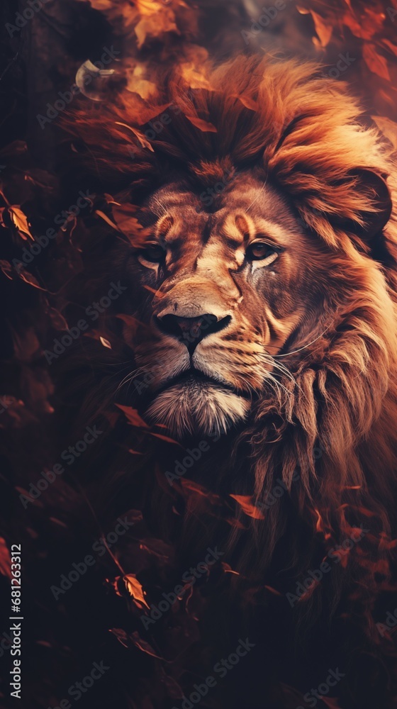 Lion Masterpiece: A Vintage Abstract Wallpaper with Striking Effects Representing the Power and Majesty of the Jungle King.