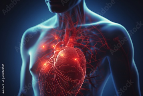 3D halogram of a heart against the background of a human silhouette, study of heart disease by AI, AI in the development of treatment for heart disease