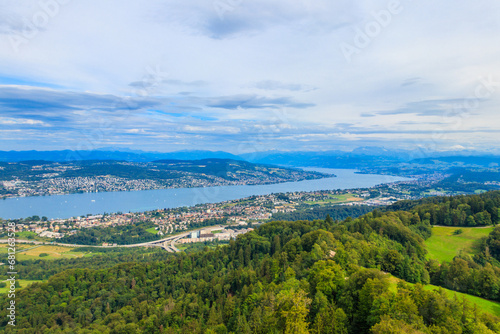 Aerial panorama of Zurich city and Lake Zurich from the Uetliberg mountain, Switzerland