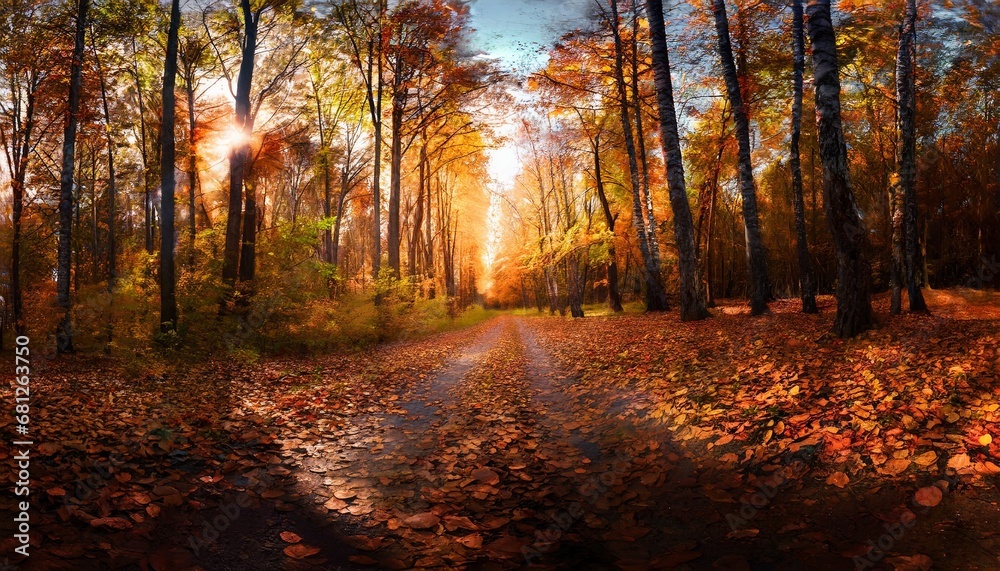 Autumn forest road in november leaves fall ground landscape on autumn background