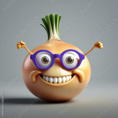 A realistic vetor art  design of a smiley onion wearing cycle glasses saying, text, 