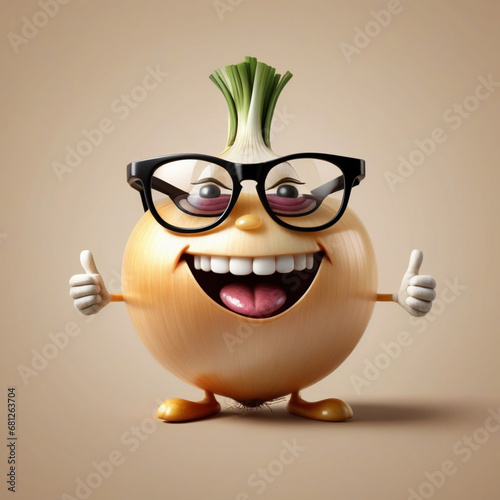 A realistic vetor art  design of a smiley onion wearing cycle glasses saying, text, 