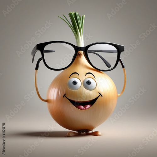 A realistic vetor art  design of a smiley onion wearing cycle glasses saying, text, 