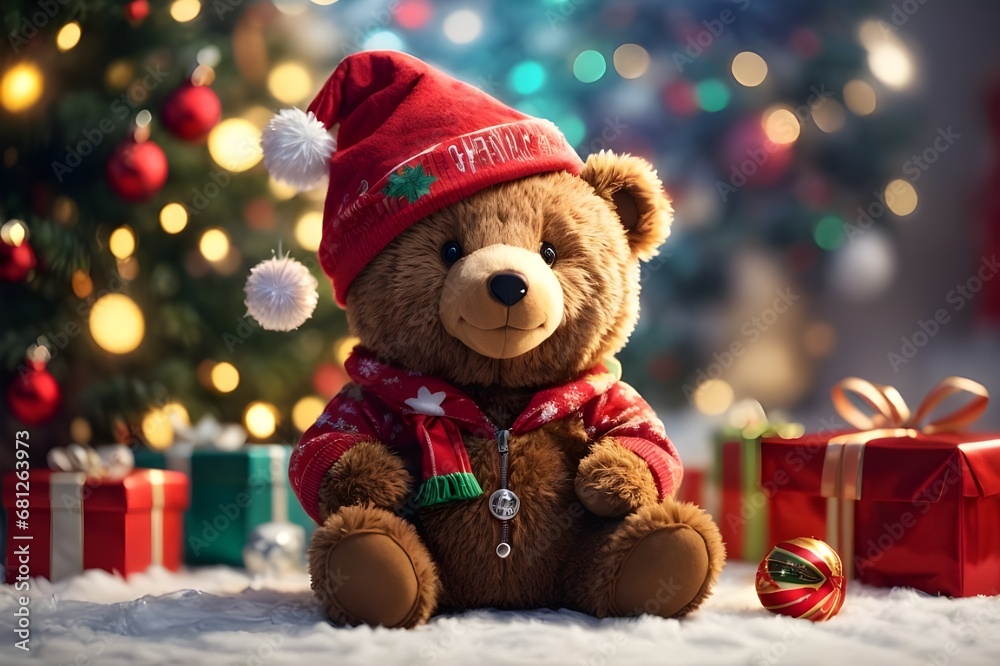 llustration of a print of a very happy, colorful, cute Teddie Bear and it is wearing Christmas hat and a cute Christmas giftcup of coffee with beans -Ai generator llustration of a print of a very happy, colorful, cute Teddie Bear and it is wearing Christmas hat and a cute Christmas giftcup of coffee with beans -Ai generator