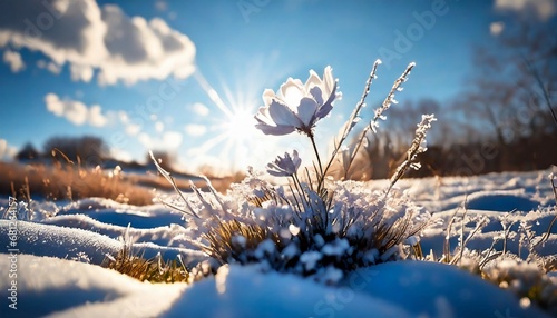 Winter landscape. Frozen flower / selective focus. Winter scene. © adobedesigner