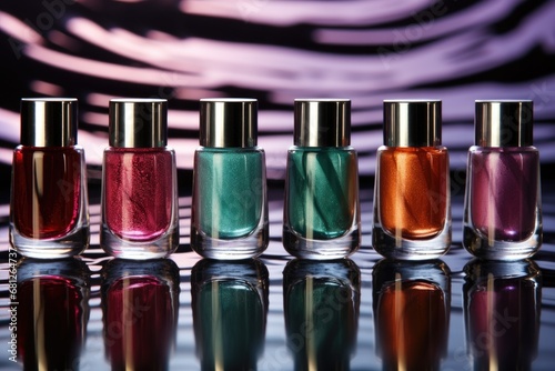 A sleek lineup of nail polish bottles against a black and white patterned background