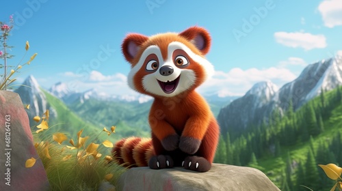 Adorable Red Panda Cartoon Character Render For Kids Amidst A Bright Scenery - Cute, Engaging, And Fun Artwork