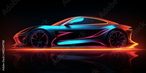 Side View of a Neon Glowing Sport Car Silhouette  Abstract Night Automotive Artistry