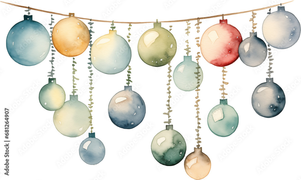 Watercolor string of Christmas baubles, Cozy Neutral Watercolor string of Christmas baubles, Cozy Neutral