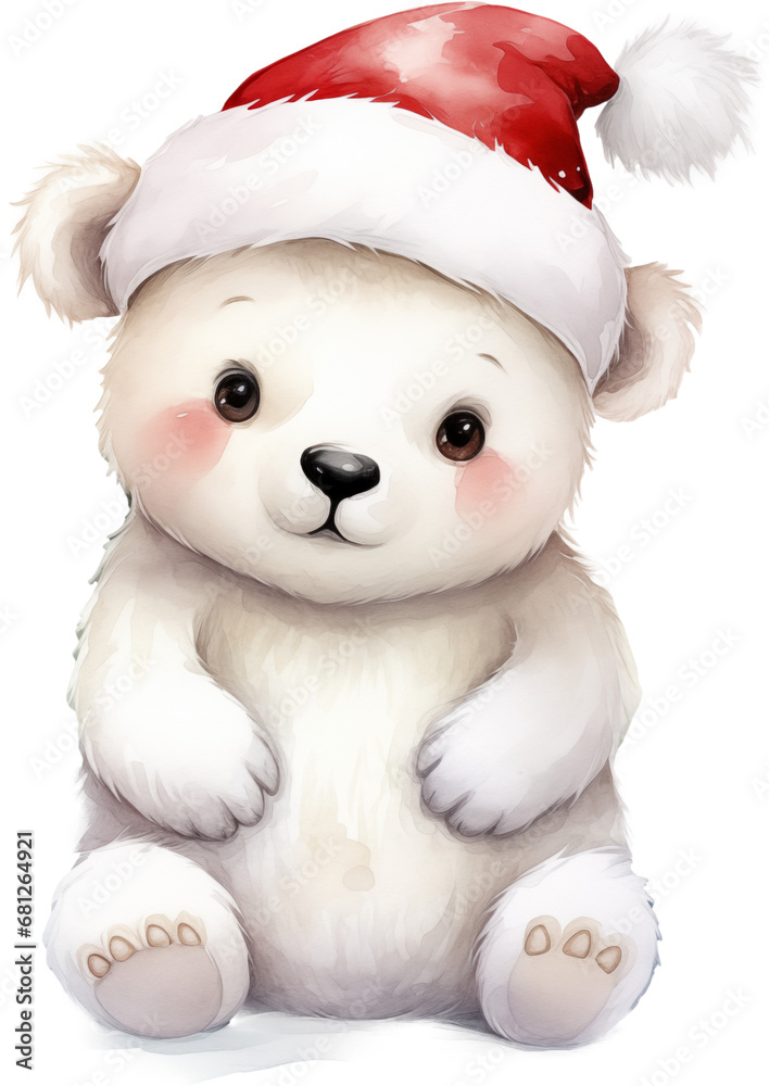 Watercolor White polar bear in Christmas hat, chibi , character design cute style Watercolor White polar bear in Christmas hat, chibi , character design cute style