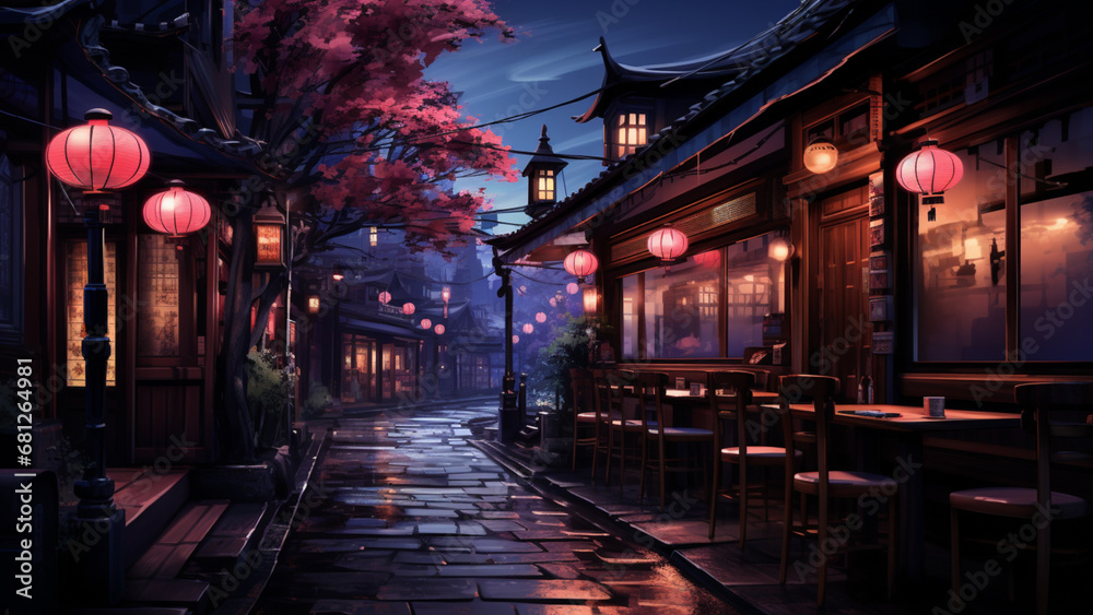 Night view of a street in the old town of Kyoto, Japan,Generative AI