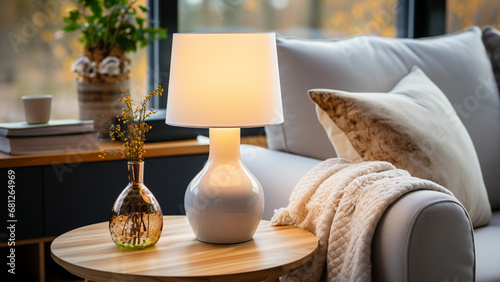 Vase with dried flowers and lamp on table in cozy living room,Generative AI photo