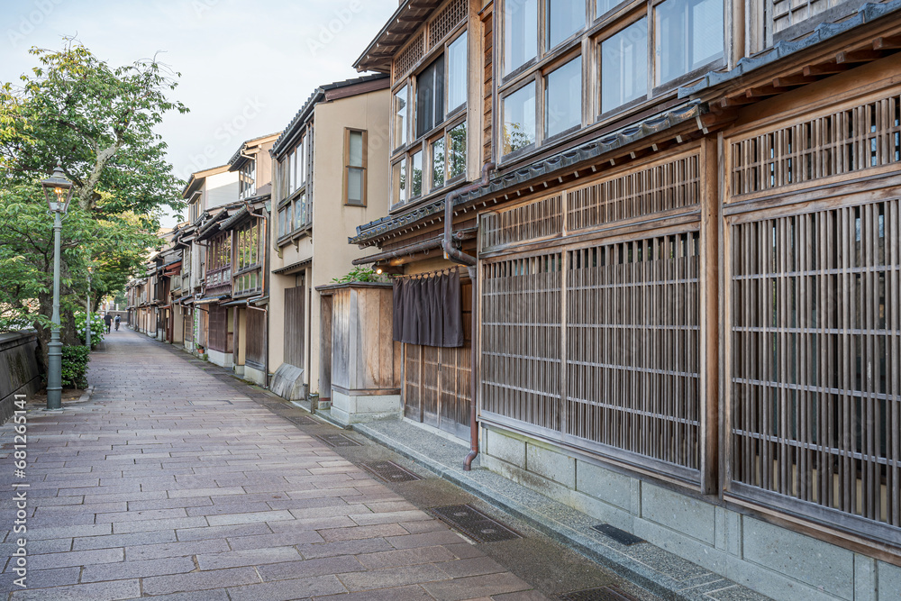 Fototapeta premium Higashi Chaya District in Kanazawa, Japan. Great wooden vintage houses along the streets of this old town. 