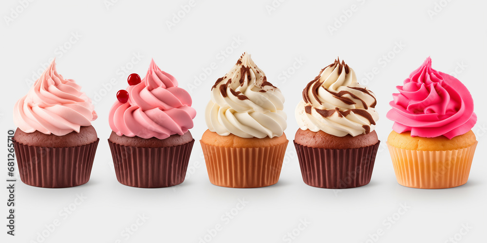 Cupcake muffin with icing frosting on transparent background cutout. PNG file. Many assorted different flavour. Mockup template for artwork design