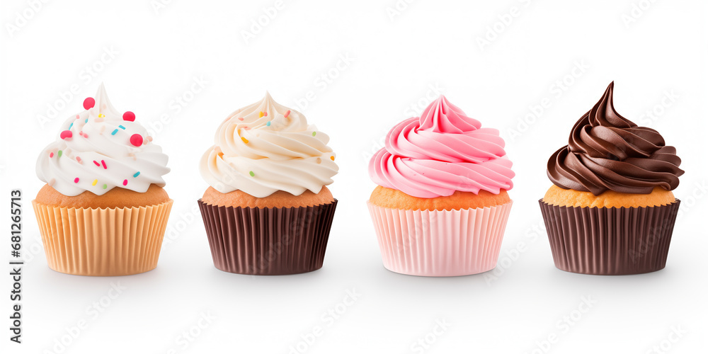 Cupcake muffin with icing frosting on transparent background cutout. PNG file. Many assorted different flavour. Mockup template for artwork design