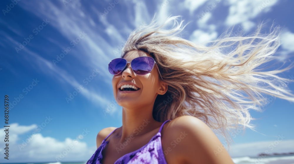 Young woman wearing glasses smiling enjoying a day at the beach. Generative AI