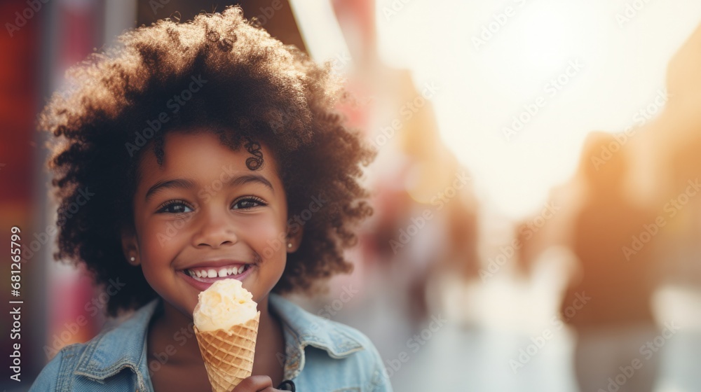 Child smiling and with an ice cream cone in hand. Generative AI Child smiling and with an ice cream cone in hand. Generative AI