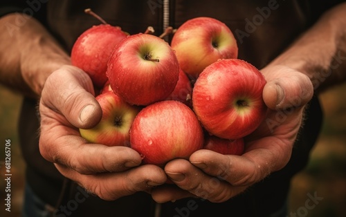 Farmers hand holding a freshly harvested apples