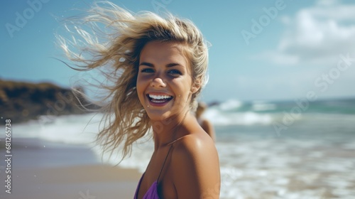 Smiling young woman enjoying a day at the beach. Generative AI