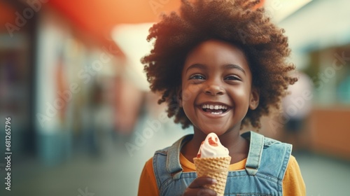 Child smiling and with an ice cream cone in hand. Generative AI