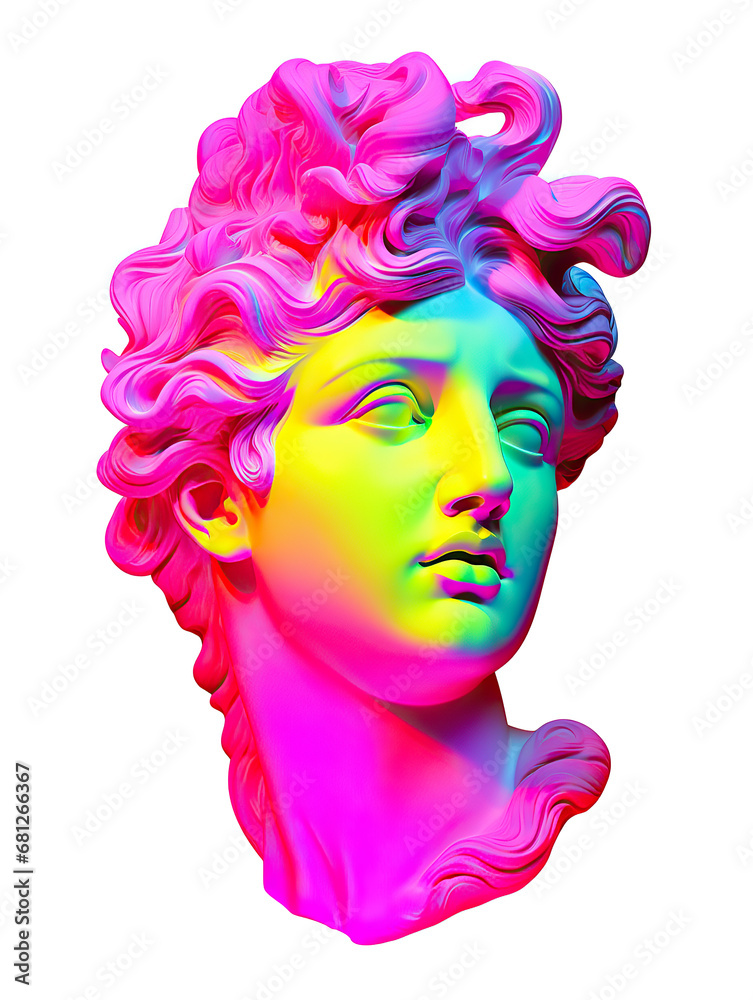 Aphrodite bust sculpture in fluorescent neon colors. Modern pop culture vaporwave aesthetics