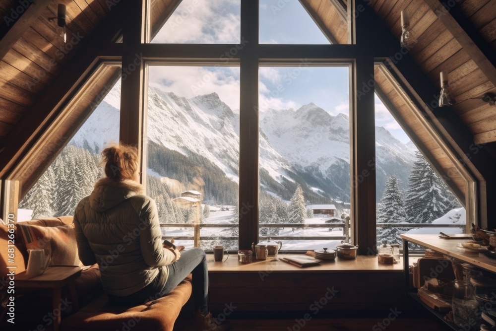 Traveler enjoying weekends inside contemporary barn house in the mountains. Happy tourist looking through panoramic windows in new cottage. comeliness - obrazy, fototapety, plakaty 